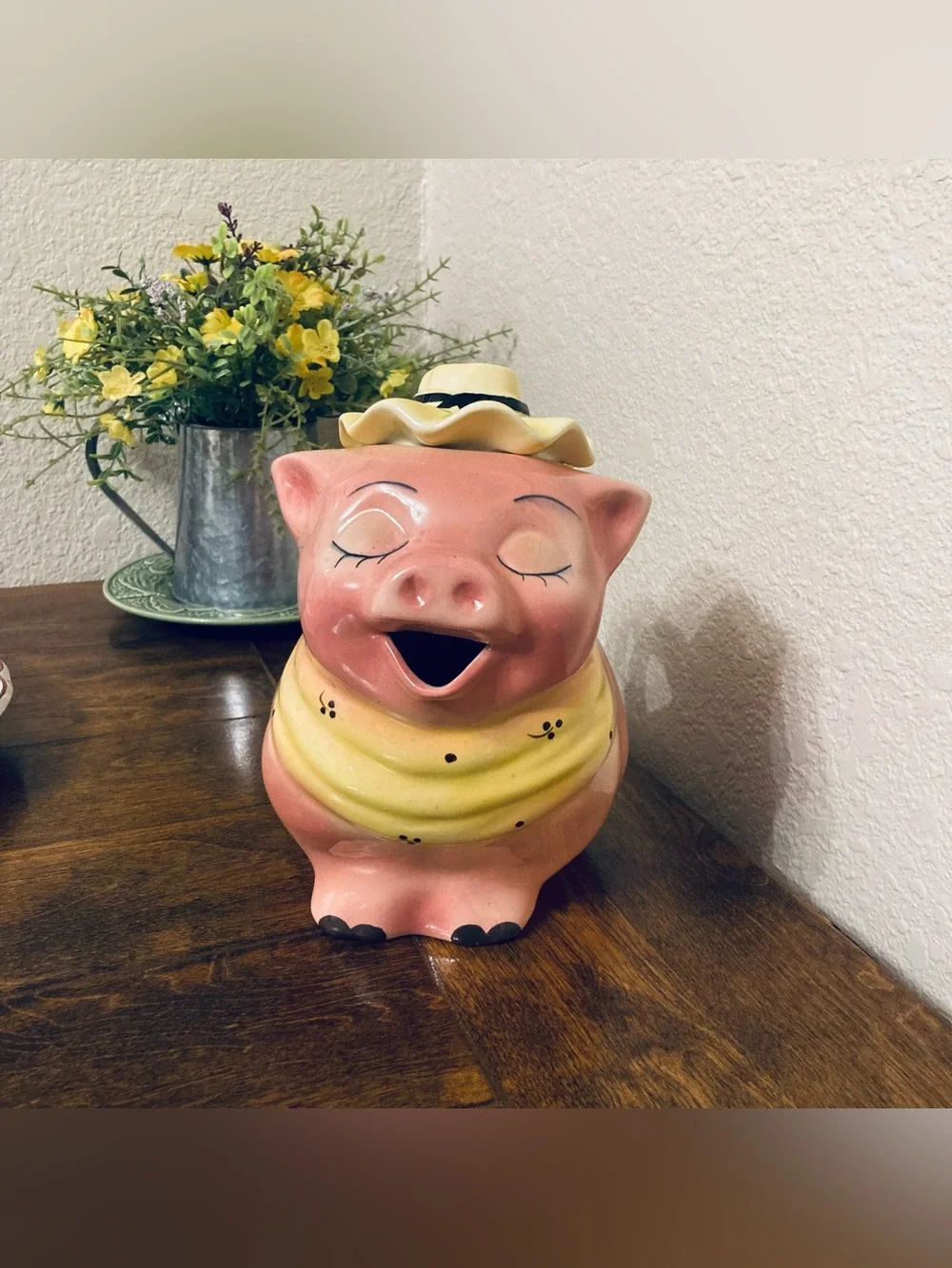 Adorable Vintage Mcm 50s Ceramic Kitschy Pig in Hat with Scarf Pitcher